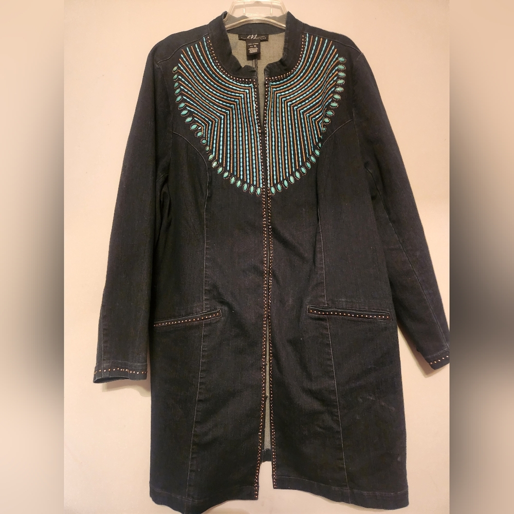 Midnight VelvetBlack Jean Jacket with Turquoise Embroidery Sz Xl